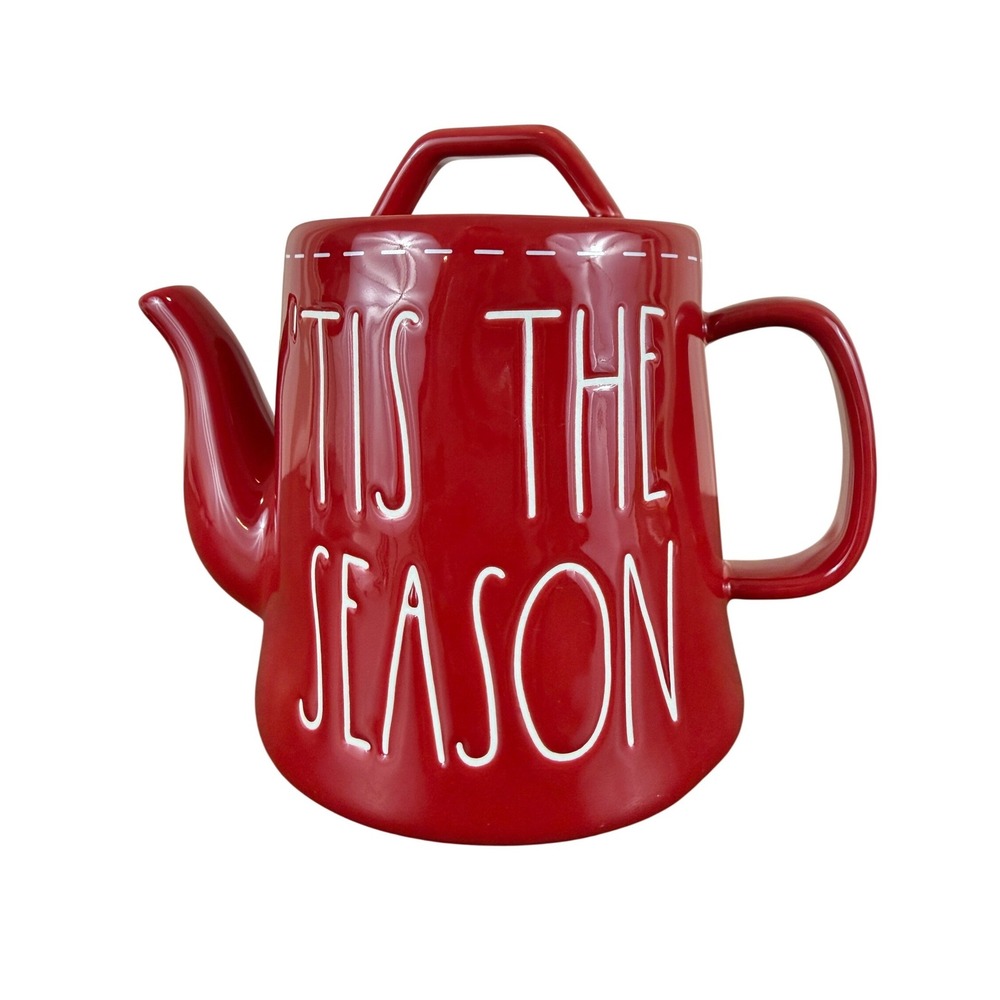 Rae Dunn "Tis The Season Red Holiday 5" Ceramic Teapot Large‎ Letters Magenta